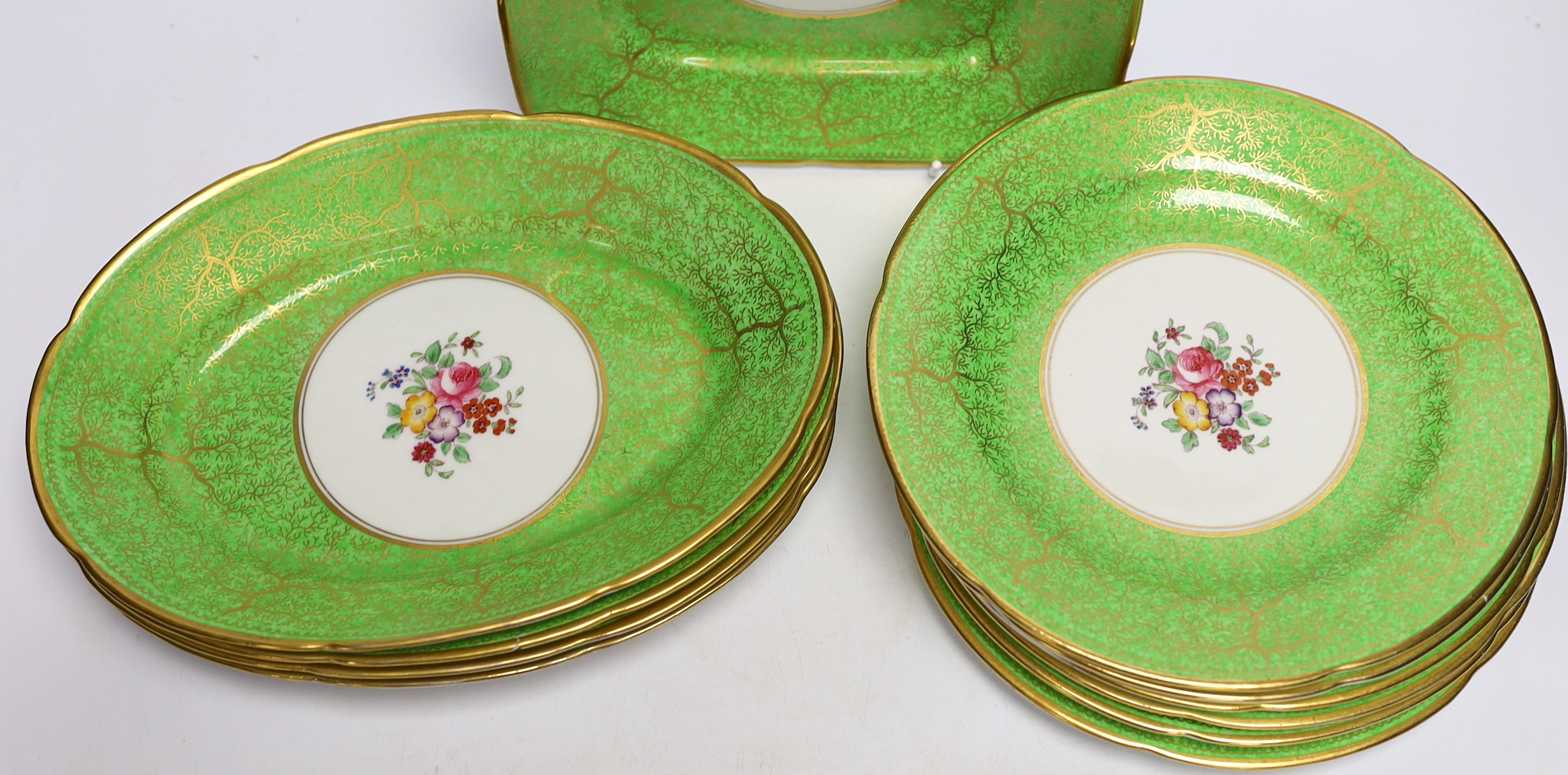 A Chelson China floral part dessert set, manufactured for Harrods, largest 26cm wide